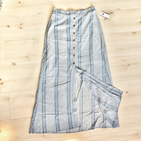 NWT Be Bop Striped Button-Front Maxi Skirt Lined Blue Ivory Sz M Rayon Juniors - Picture 3 of 11